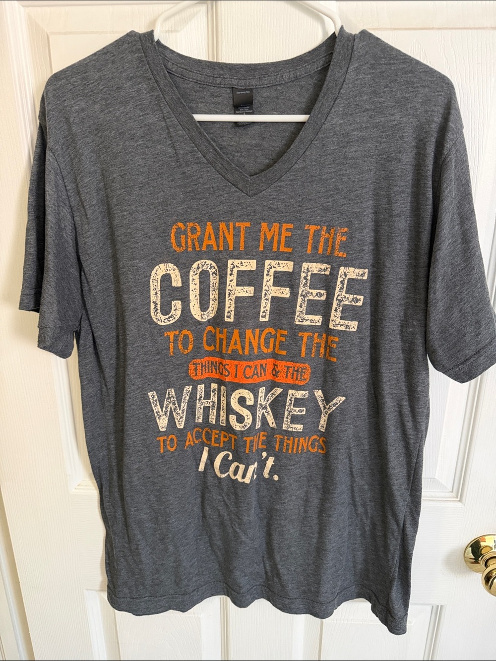 Tultex Gray V-Neck Graphic Tee with Orange & White Print